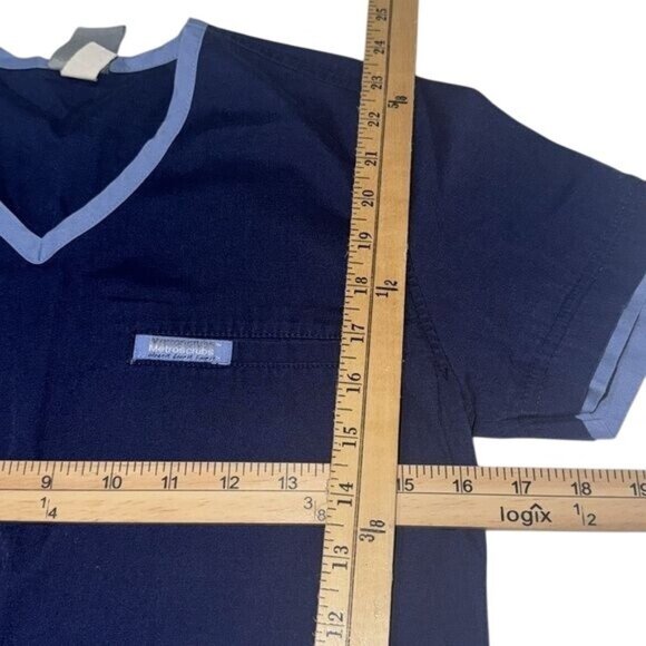 Metro Scrubs Navy Blue V-Neck Scrub Set With Light Blue Trim & Drawstring Pants - Picture 4 of 15